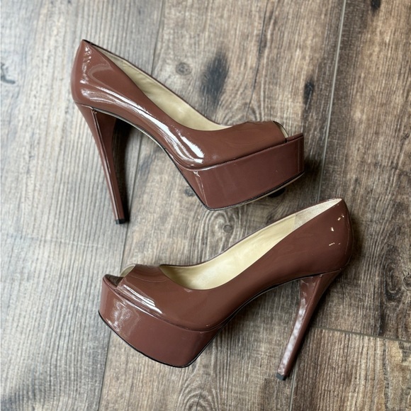 Brian Atwood Patent Leather Peep-Toe Stiletto Wine/Brown Women's Size 8.5 - Picture 8 of 12